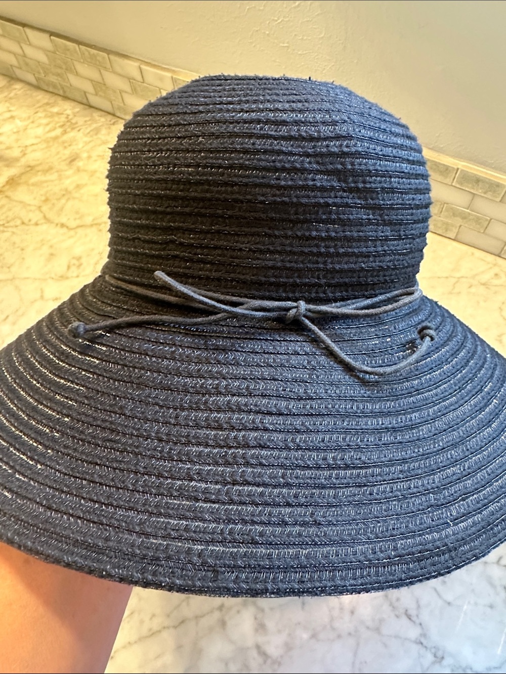 Navy Straw Summer Hat with Tie